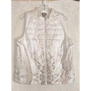 Chicos 1 Full Zip Puffer Vest Womens M White Tan Paisley Packable Pockets Mock